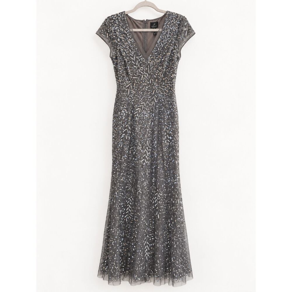 Adrianna Papell Sequin Beaded Maxi Dress Size 6 Gray Silver V Neck